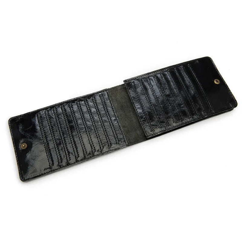 Men's long cowhide leather wallet showing card slots, money pocket, and mobile phone compartment.