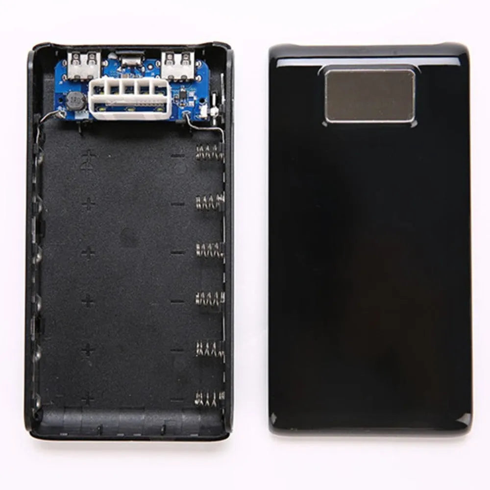 Black and white 18650 DIY charging bank case showing dual input ports and battery compartments