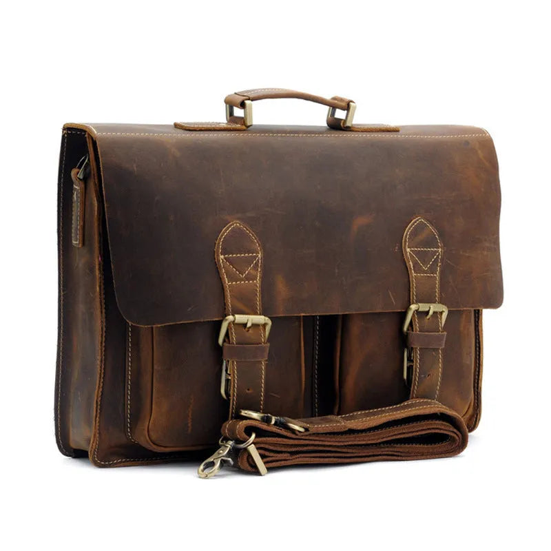 Small yellow brown Crazy Horse leather messenger bag with shoulder strap for men
