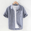 Linen short sleeve casual shirt in raw jute colour with square collar, suitable for male youth wear