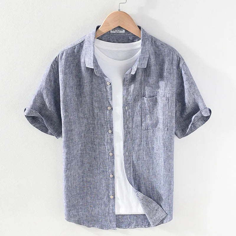 Linen short sleeve casual shirt in raw jute colour with square collar, suitable for male youth wear