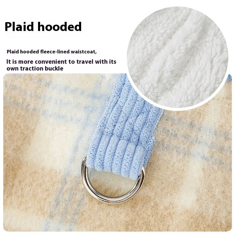 Blue corduroy hooded vest for pets with chessboard grid pattern and adjustable hood for autumn winter wear