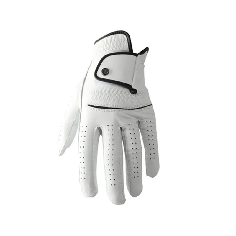 White half sheepskin golf glove for men with non-slip grip, shown in size options 22-26