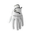 White half sheepskin golf glove for men with non-slip grip, shown in size options 22-26
