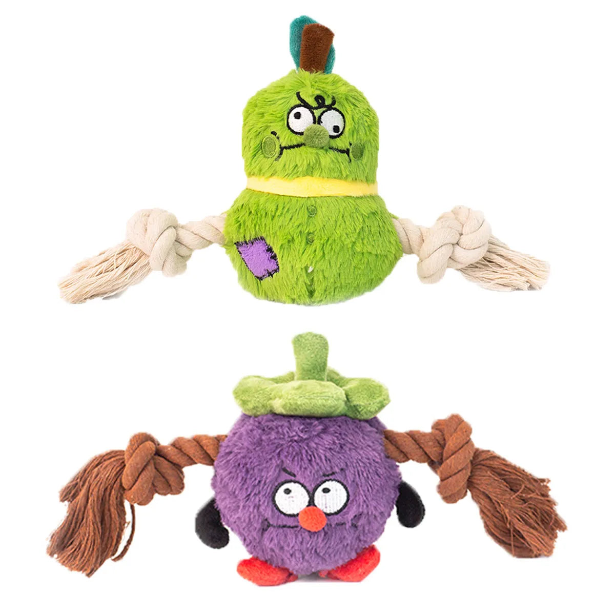 Green and purple interactive dog plush rope knot tug toy with bite-resistant texture
