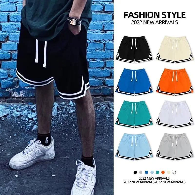 Men's polyester summer shorts in loose fit design available in multiple colours including apricot, blue, and gray