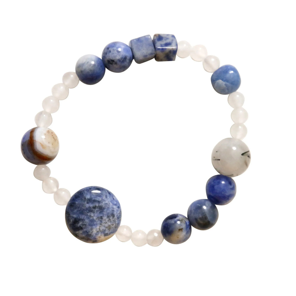 Hand-woven natural stone bracelet with blue point stone and black hair crystal agate in geometric design