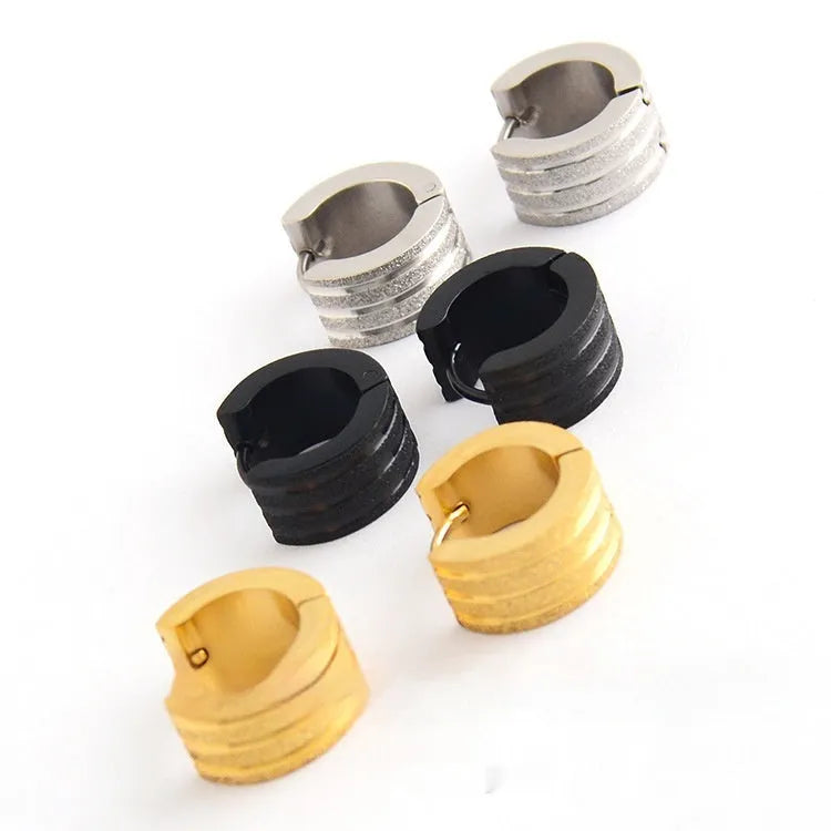 Geometric three-line frosted titanium steel earrings in black, gold, or steel colour.