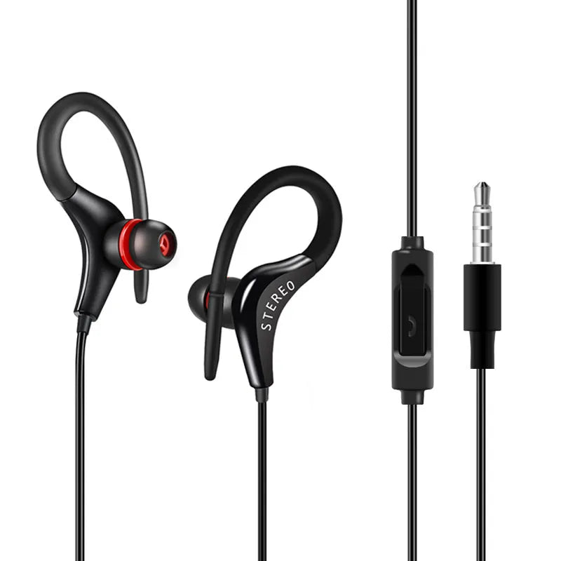 Black wired earhook sport headphones with 3.5mm jack and microphone on cable