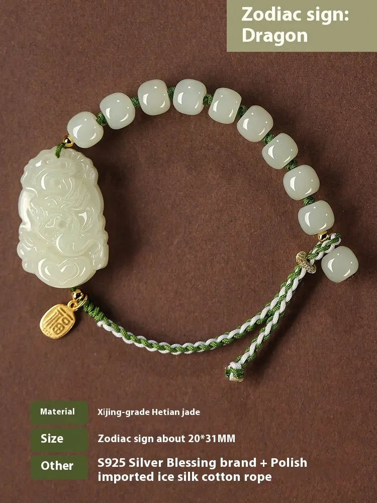 Modern red rope bracelet with a Hetian jade rabbit zodiac charm and a small silver card.