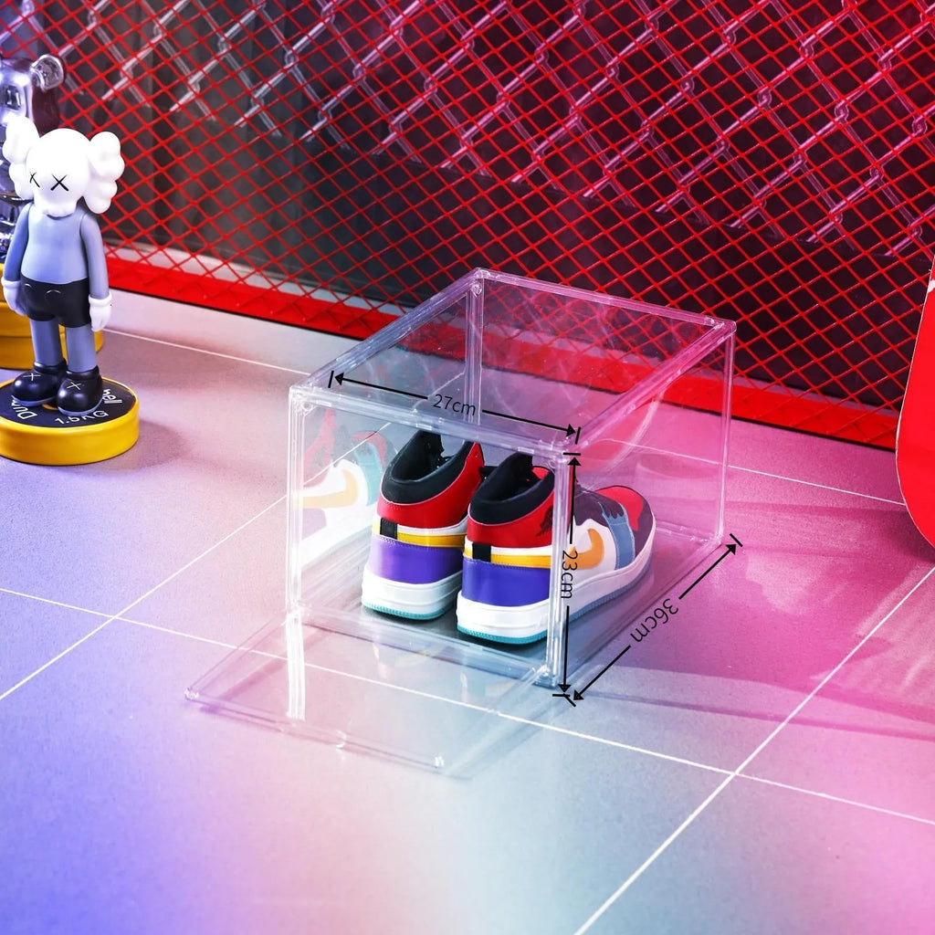 Large clear acrylic shoe storage box with magnetic side door and stackable lid