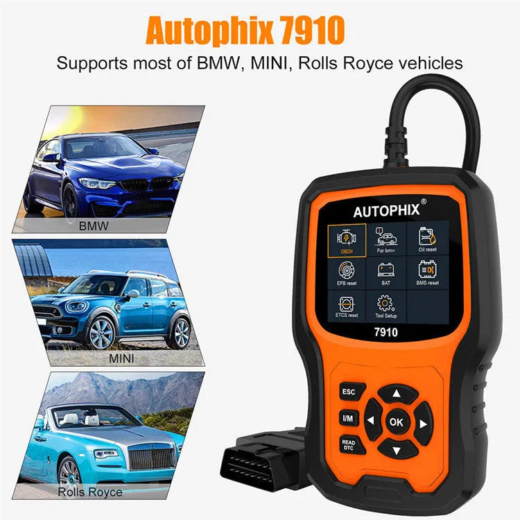 Autophix 7910 BMW diagnostic scanner with OBD2 connector and LCD display showing fault codes