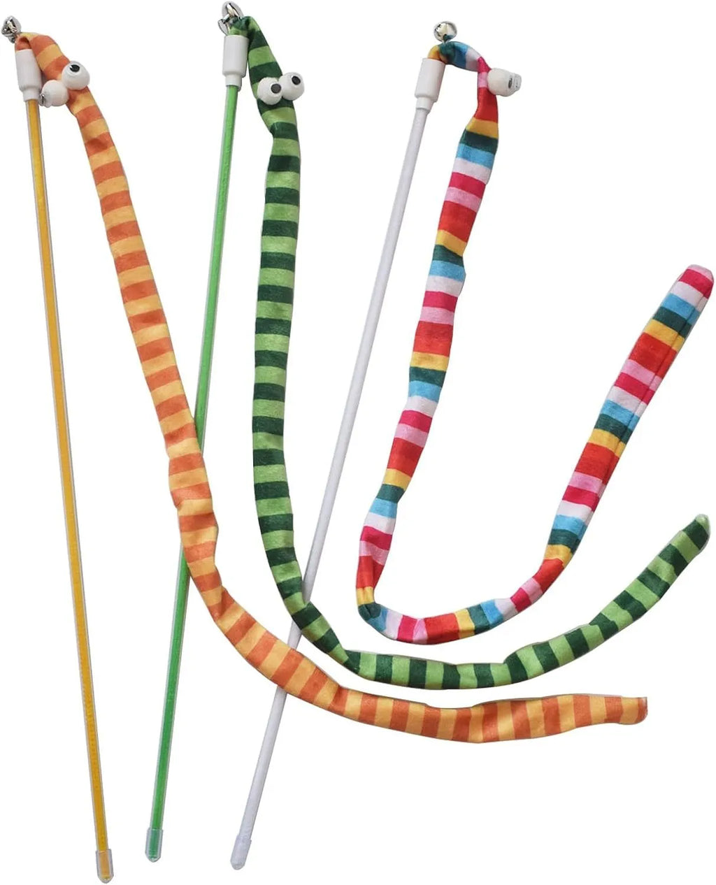Cat wand toy with polycarbonate pole and plush strip in green, orange or rainbow colours for interactive feline play