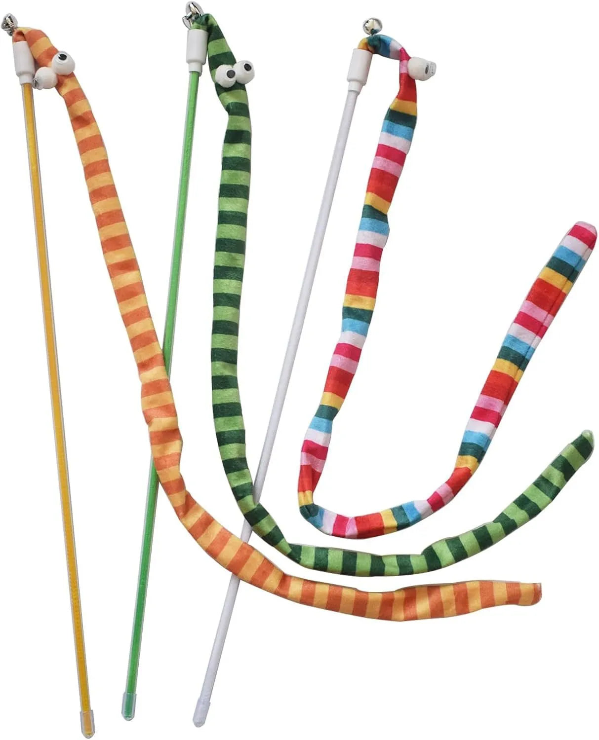 Cat wand toy with polycarbonate pole and plush strip in green, orange or rainbow colours for interactive feline play