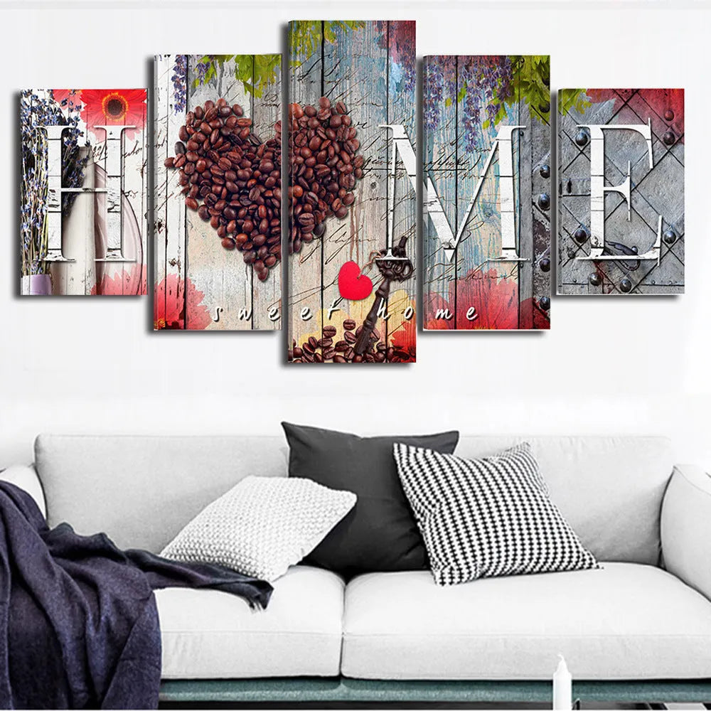 Set of five red oil painting canvases in varying sizes for wall decoration