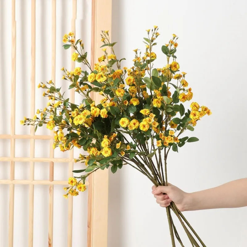 European style multi-head small rose artificial silk flowers in champagne, orange, pink, white, and yellow colours