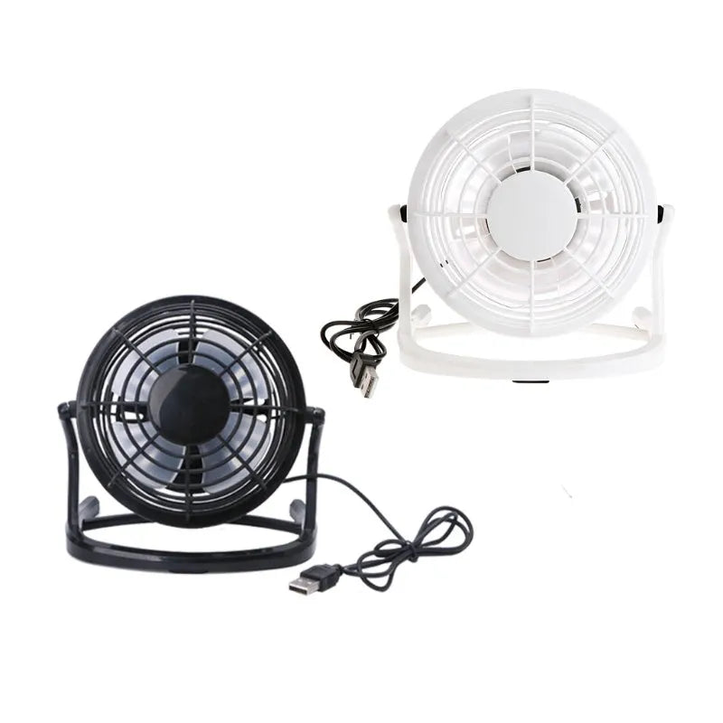 Mini portable USB desk fan in black, white, or blue with adjustable angle and 16cm size