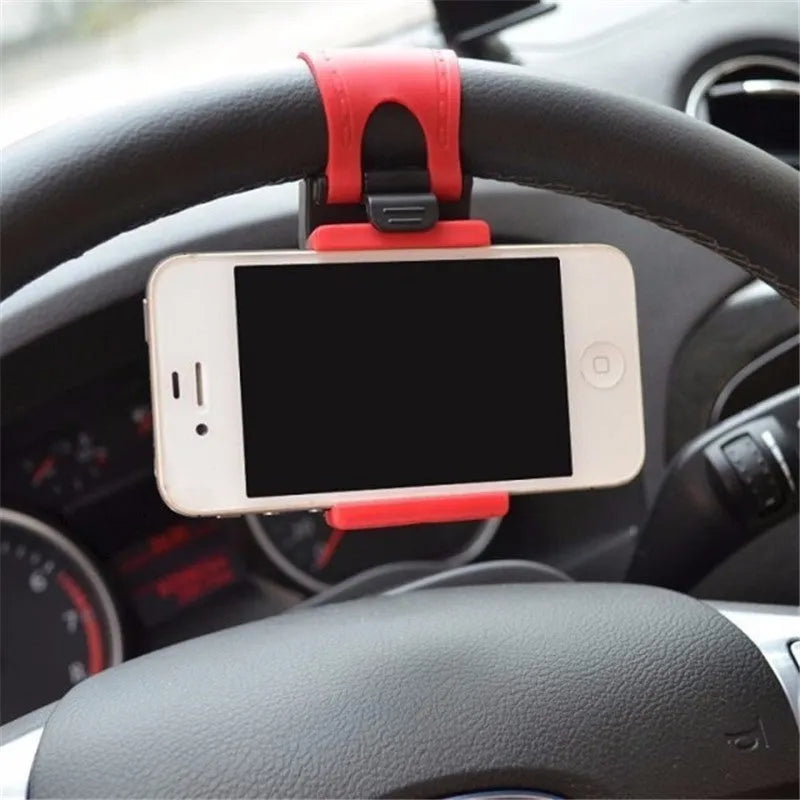 Black steering wheel phone holder mounted showing phone compatibility with dimensions 75x40x25mm