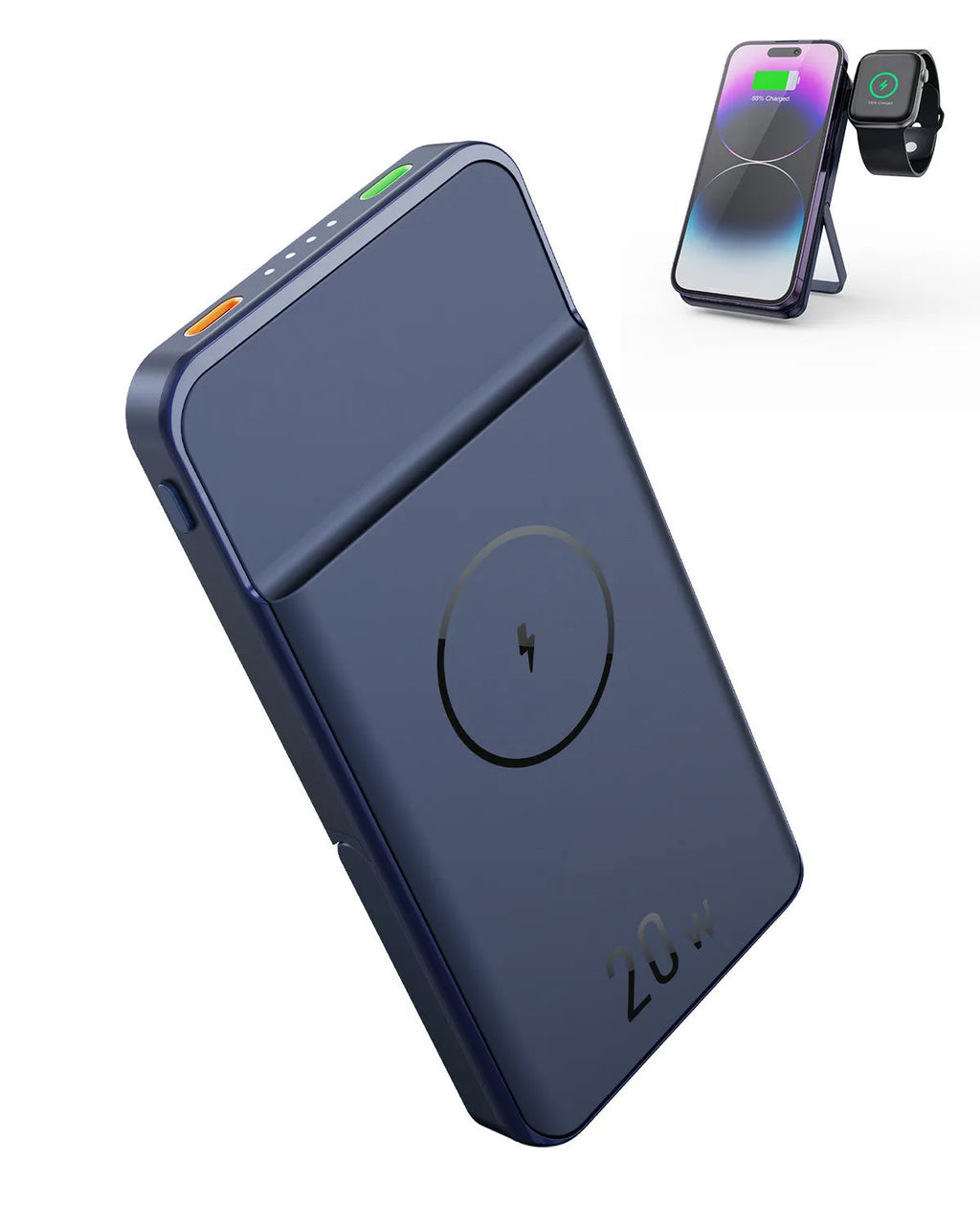 Black magnetic wireless power bank with bracket showing 10000mAh capacity and industrial design