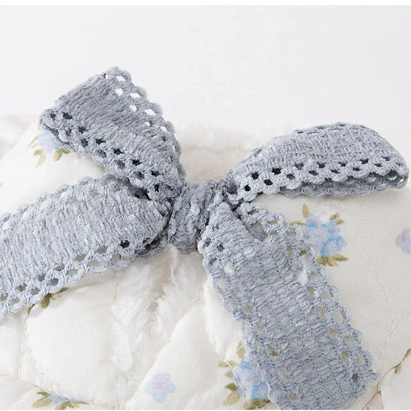 White thick dog dress with large bow, flower print and flannel lining for small dogs