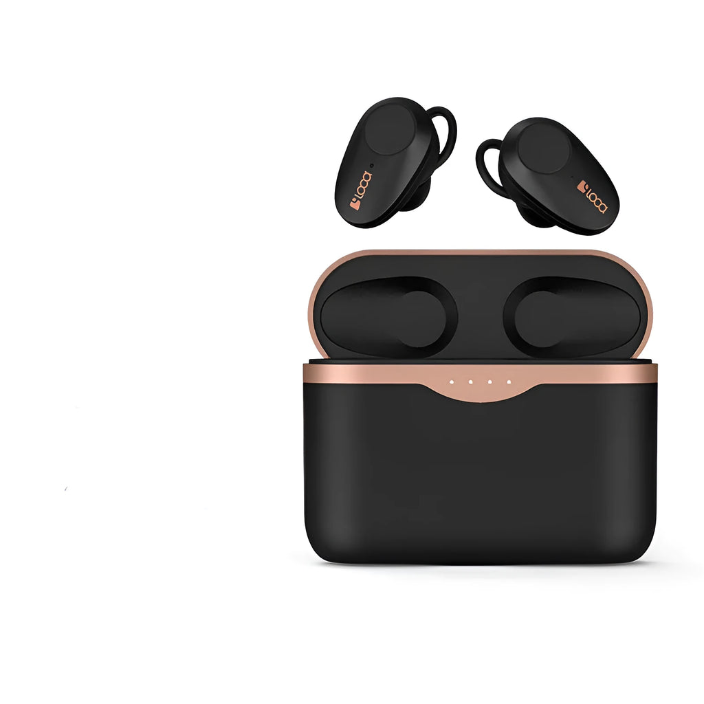 Black wireless Bluetooth earbuds with ANC and a wireless charging stand.