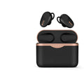 Black wireless Bluetooth earbuds with ANC and a wireless charging stand.