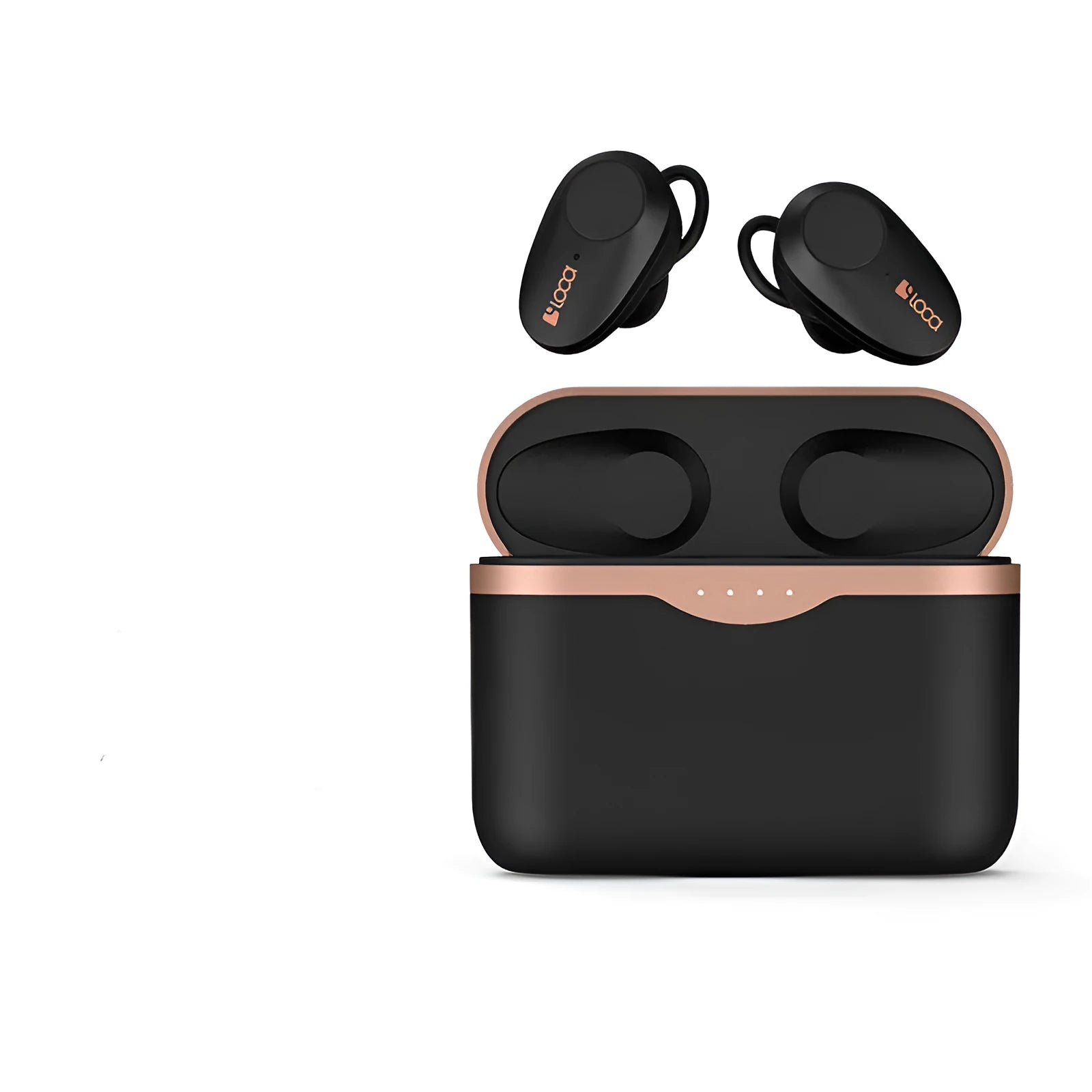 Black wireless Bluetooth earbuds with ANC and a wireless charging stand.