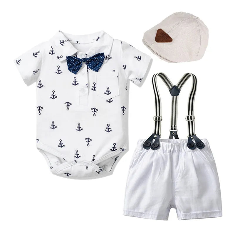 Blue and white cotton triangle print romper for a baby boy, showing short sleeves and European American gentleman style.