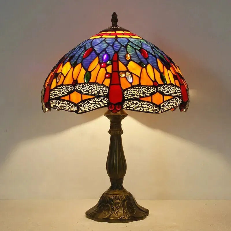 Tiffany dragonfly stone table lamp in blue or green, European-style design with 7W LED bulb for bedroom or living room