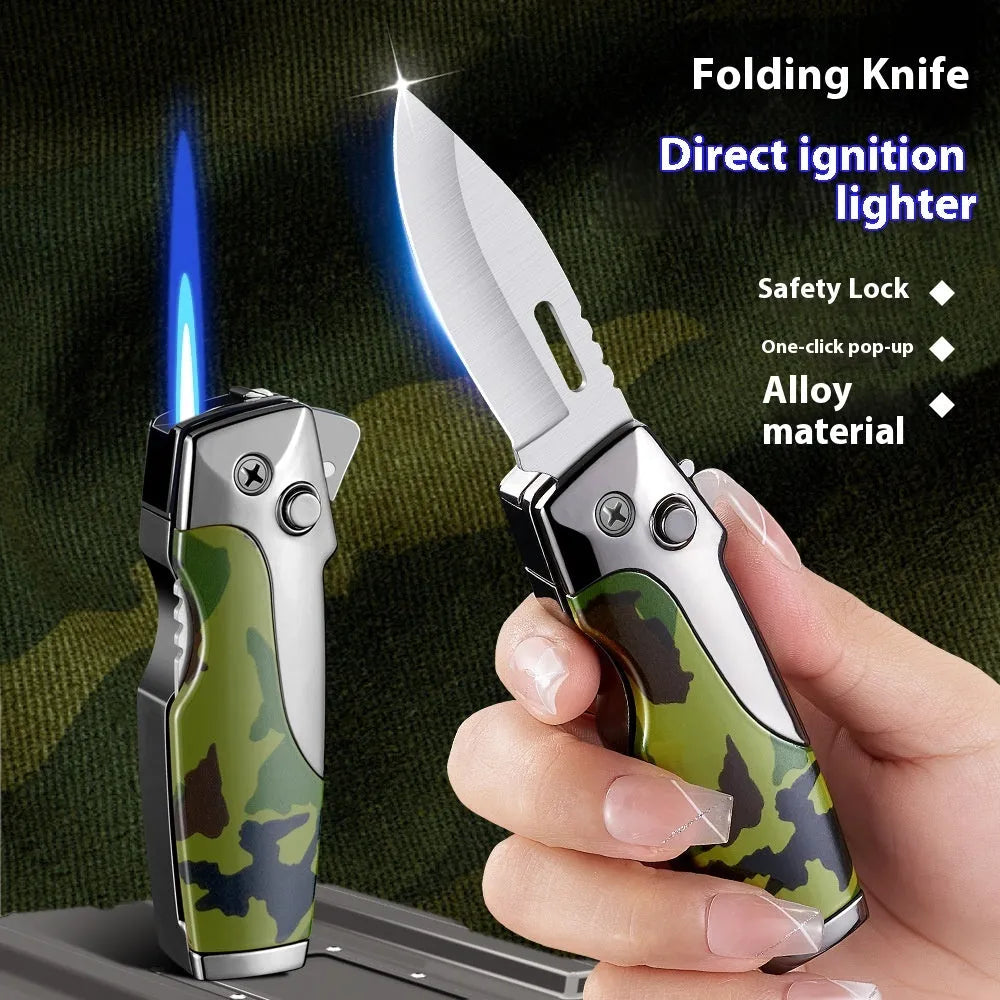 Zinc alloy metal folding lighter with integrated knife in black-brown wood grain finish, showing closed and open positions