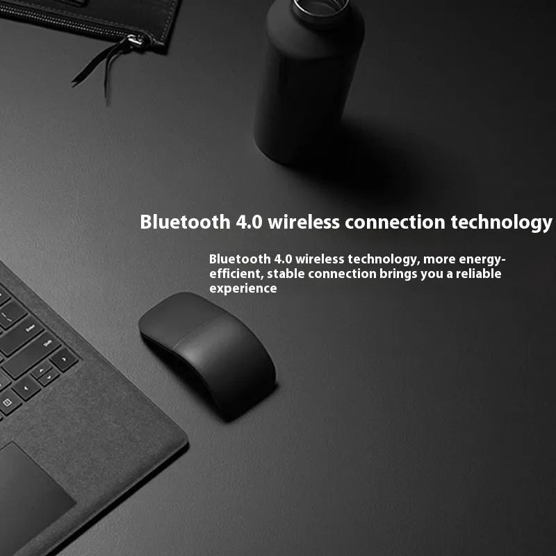 Folding Bluetooth wireless touch mouse shown in black colour with compact dimensions