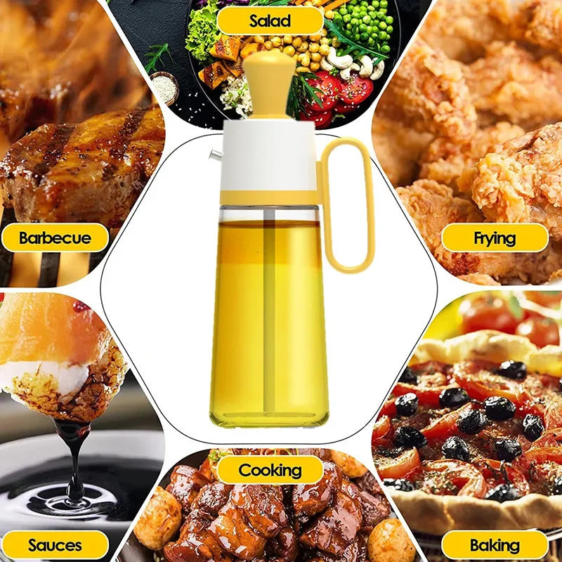 Yellow, green, and brown 550ml glass oil dispenser with silicone brush and stainless steel nozzle.