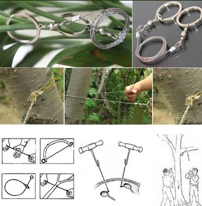Coiled stainless steel survival wire saw with two black thumb rings, shown next to a ruler showing its 55cm length.