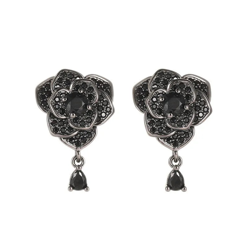 Black rose zircon stud earrings with floral design and 18K gold-plated finish