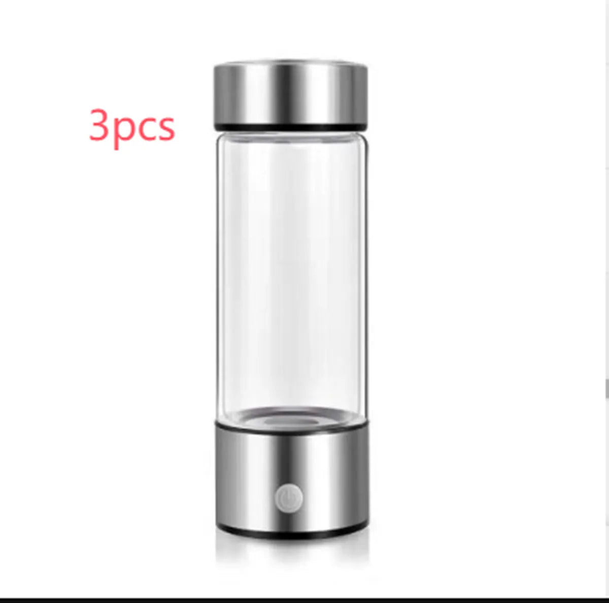 Hydrogen water bottle with borosilicate glass cylinder and electric hydrogen generator in silver colour