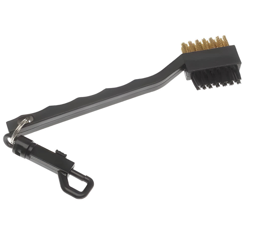 Black double-sided golf club cleaning brush with copper metal head and black PP plastic head