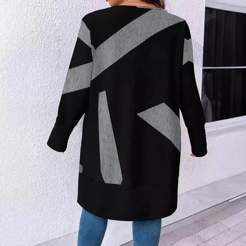 Black loose casual plus size knitwear cardigan with button stitching and printing, shown in Japanese Korean style