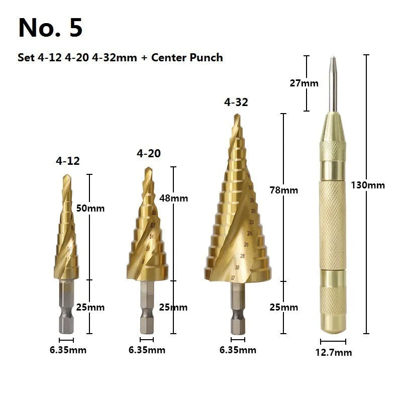 High-speed steel cone drill bit punch set showing step drills and centre punch for metal and wood drilling