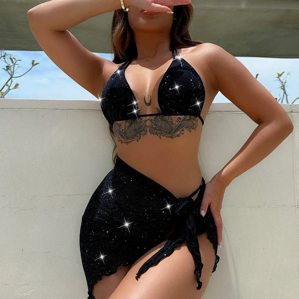 Black three-piece swimsuit set with top and shorts in polyester fibre, showing Asian sizing specifications