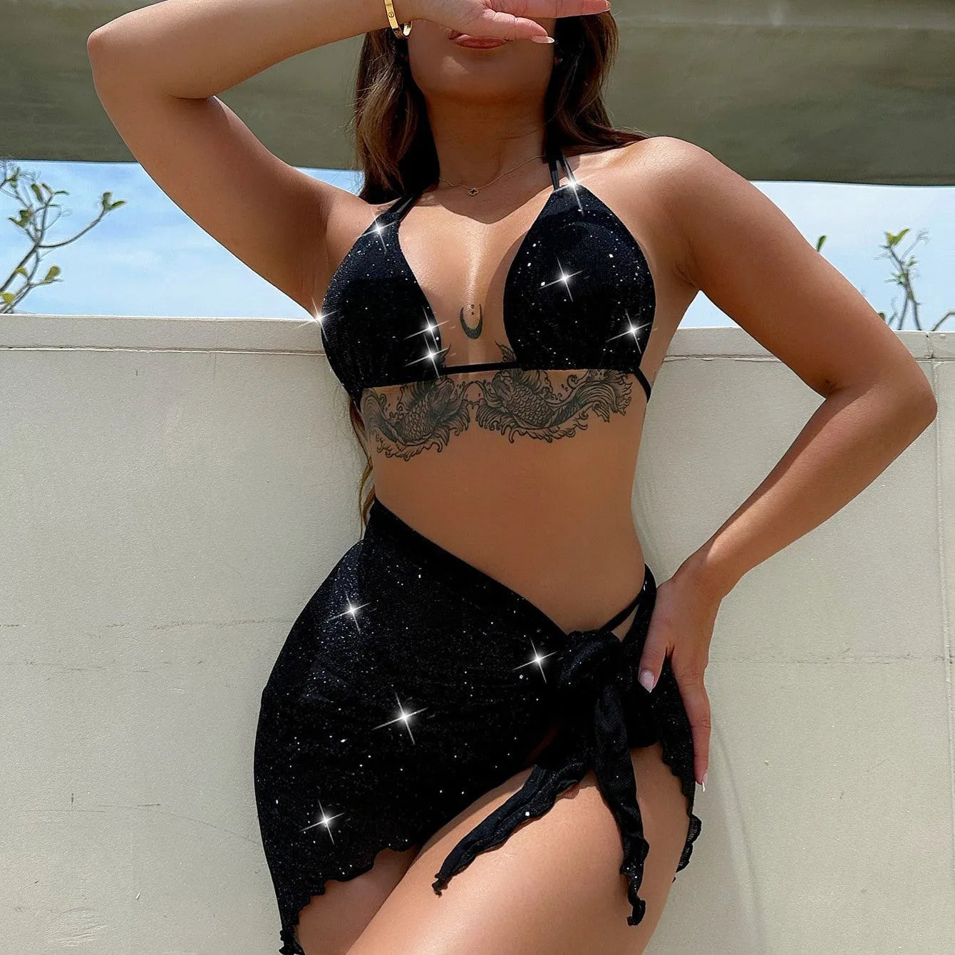 Black three-piece swimsuit set with top and shorts in polyester fibre, showing Asian sizing specifications