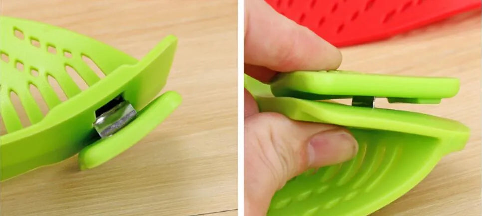 Silicone clip-on kitchen strainer with stainless steel mesh attached to pot rim for draining liquids