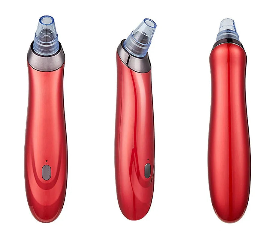 Handheld electric blackhead remover tool with multiple nozzle attachments on a white background.