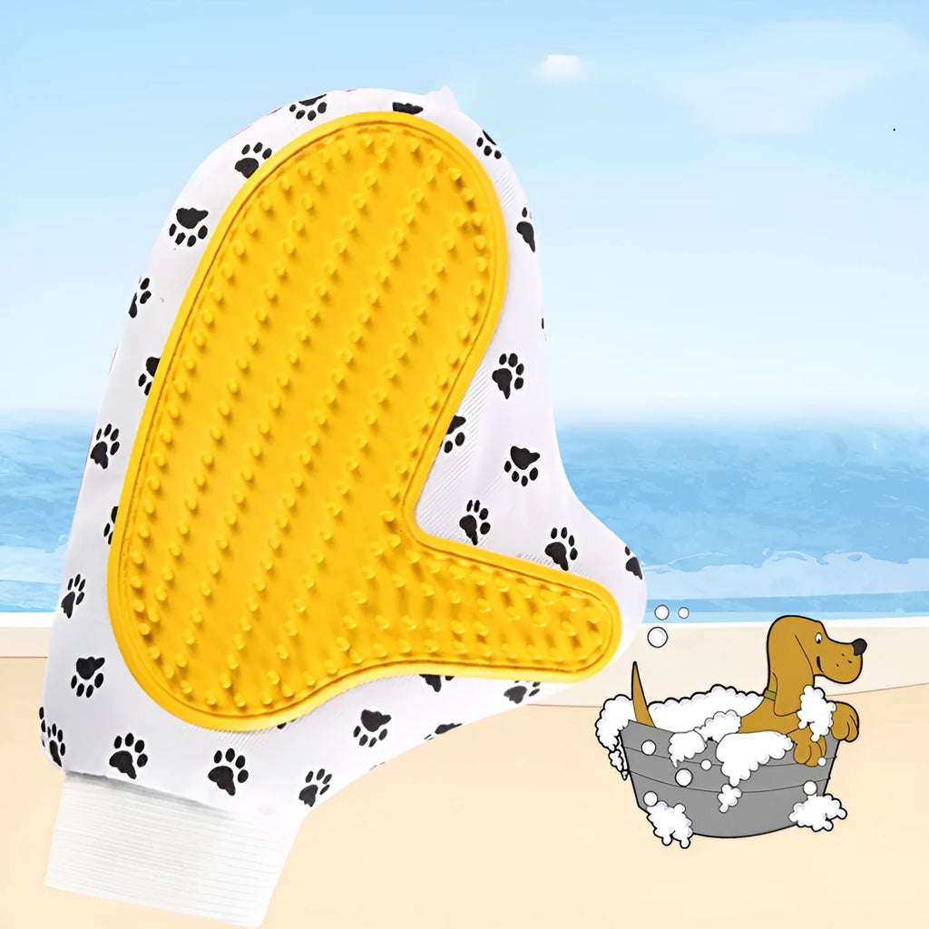 White silicone and cloth pet brush glove, 25 x 17cm, for cat and dog grooming and bathing