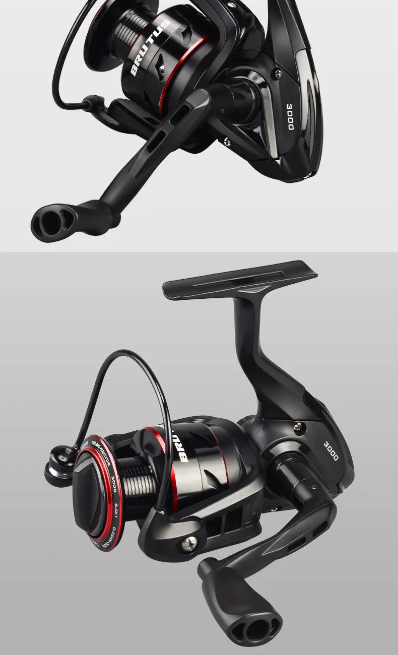 All-metal spinning fishing reel with collapsed telescopic rod showing four series size options