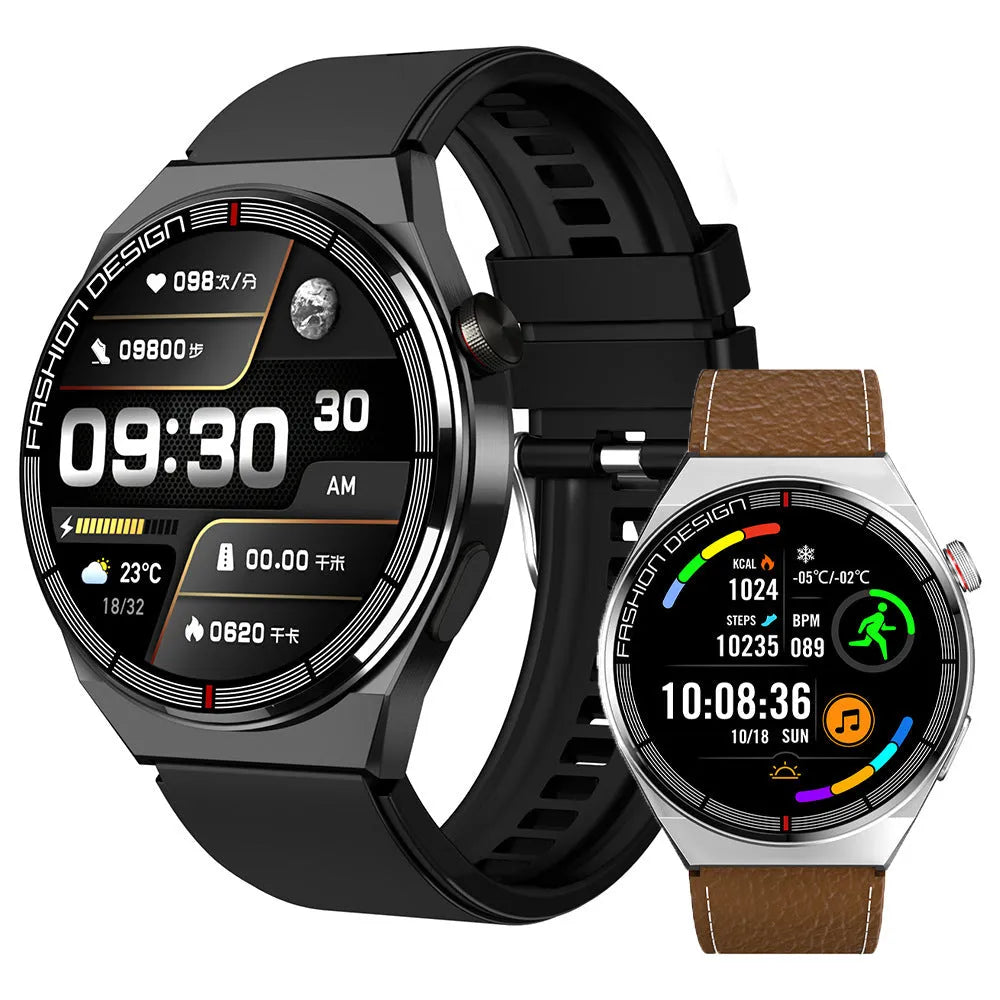 Black Bluetooth smartwatch showing heart rate monitoring on 1.28-inch screen with silicone strap