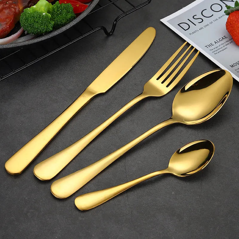 24-piece stainless steel cutlery set showing knives, forks, tablespoons and teaspoons in multiple finish colours