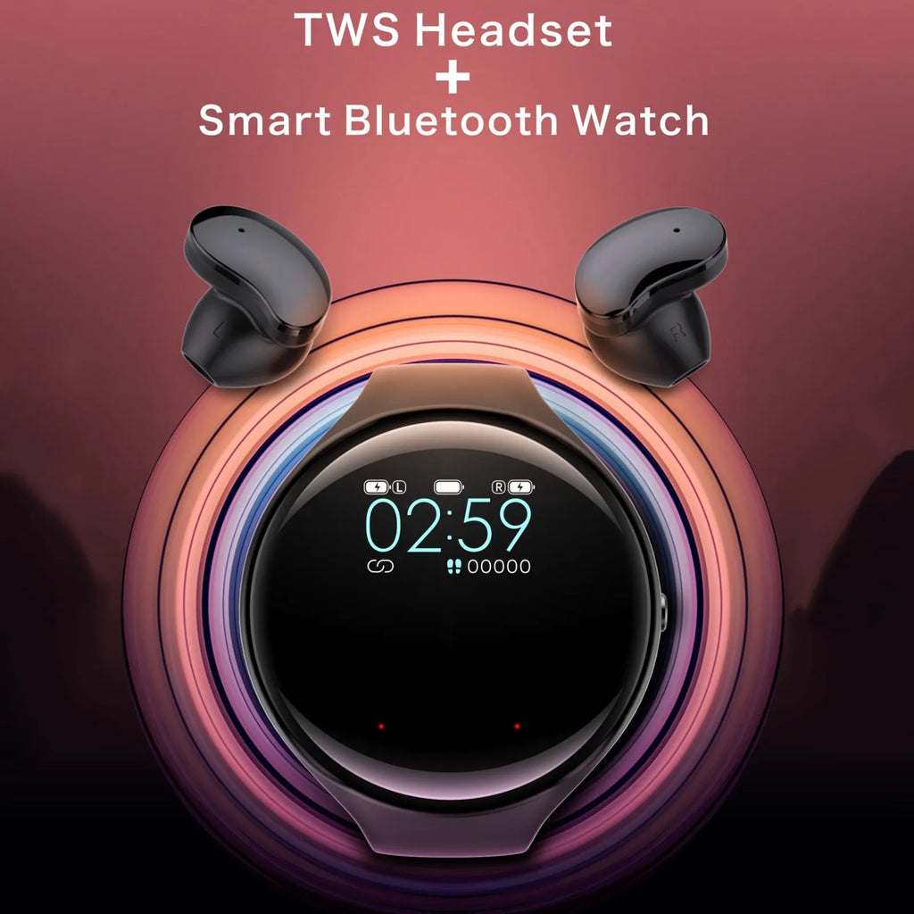 Black Bluetooth headset with detachable smart bracelet showing colour screen, earbuds, and charging cable