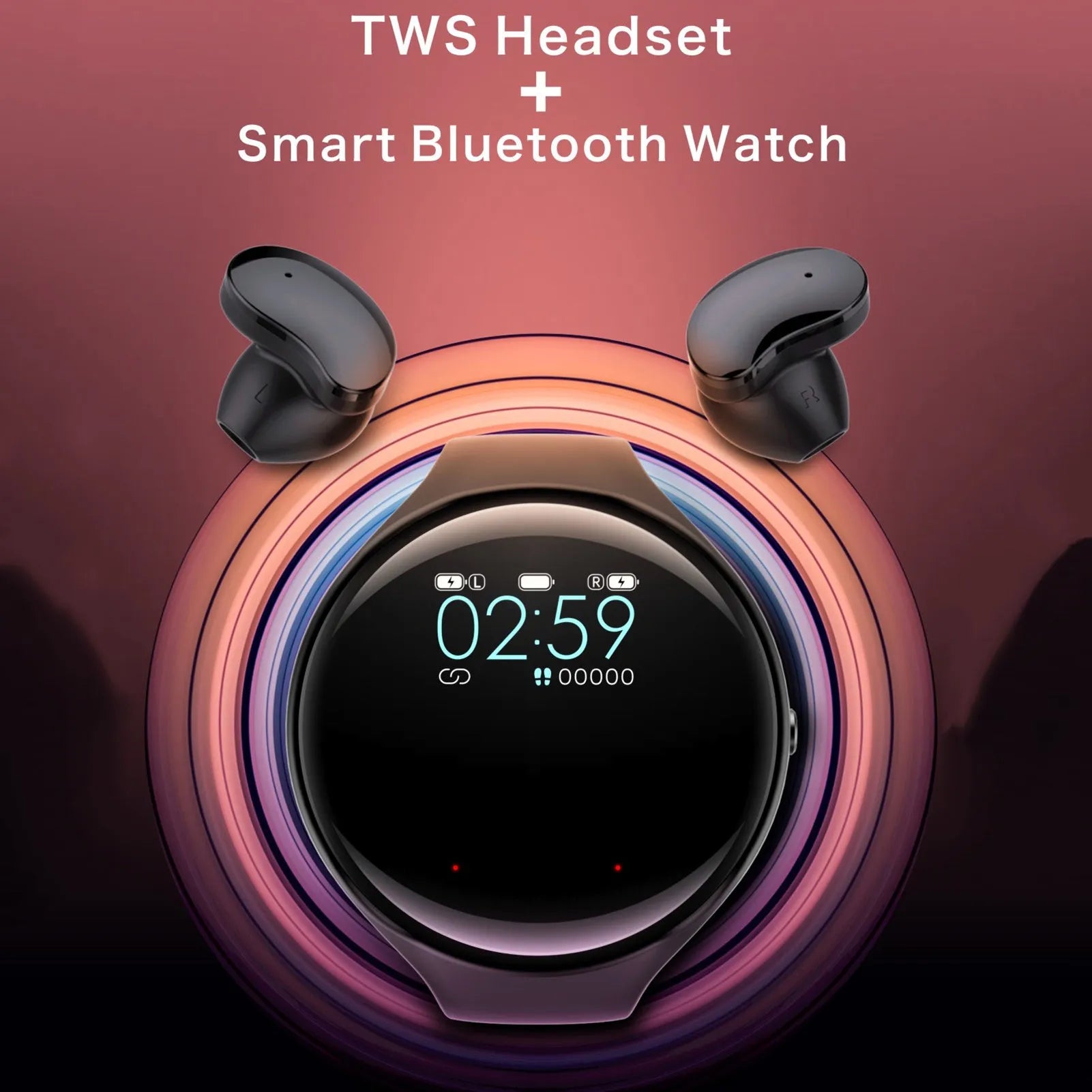 Black Bluetooth headset with detachable smart bracelet showing colour screen, earbuds, and charging cable