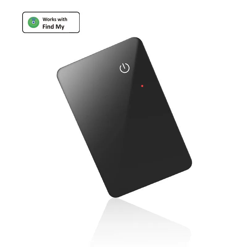 Black credit card sized pet tracker with a hanging hole, showing wireless charging and NFC symbols.