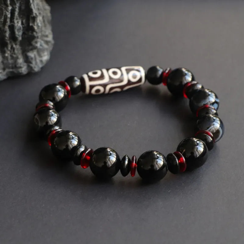 Hand-woven black agate dzi bead bracelet with 11mm geometry beads in national style design